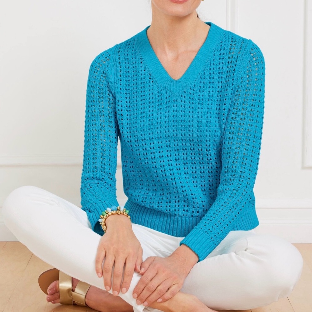 Talbots Aqua Open Knot V-Neck Sweater
